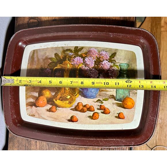 Vintage Metal Tray Set of 2 Fruit & Flowers R Colad 14.5” x 11” - Picture 9 of 10